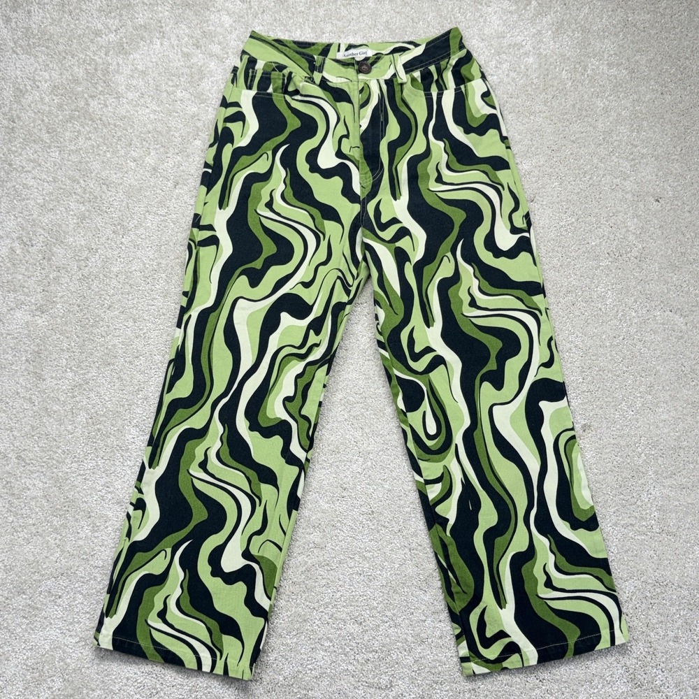 Another Girl Pants Womens Small Black Green Swirl Print Straight Ankle‎ Denim